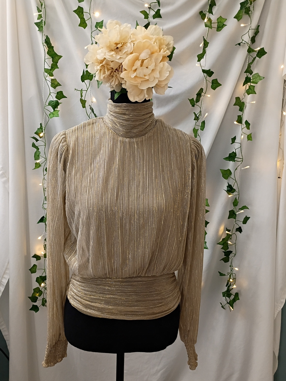 Vintage Gold Pleated High-Neck Women’s Top